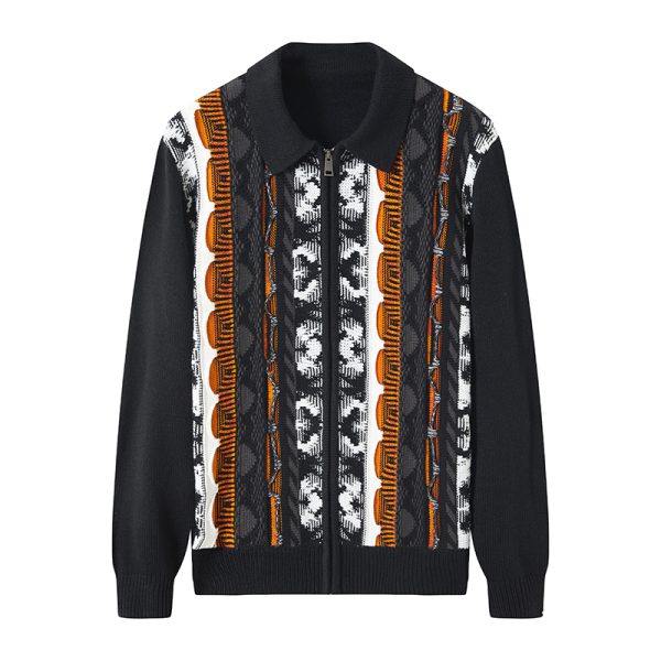 Custom OEM Men's Geometric Jacquard Zip Knit Jacket Manufacturer