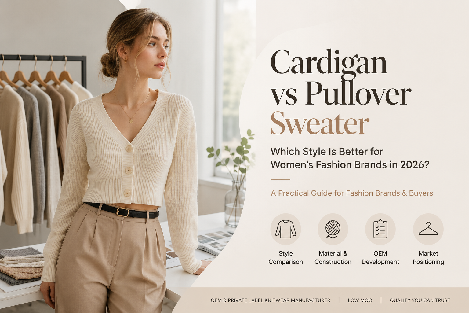 Women's cropped V-neck cardigan featured in a cardigan vs pullover sweater guide for fashion brands
