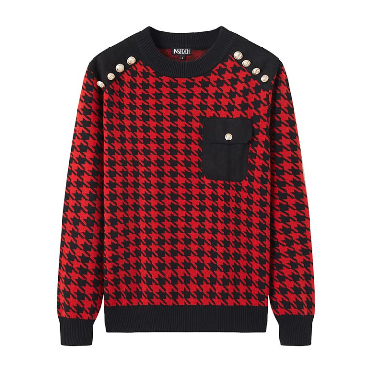 OEM Men's Houndstooth Knit Sweater with Suede Epaulettes & Elbow Patches