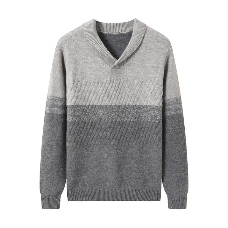 OEM Men's 7GG Diagonal Knit Shawl V-Neck Sweater | Tri-Tone Color Block Supplier