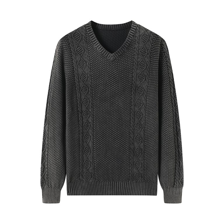 7GG Stone Washed V-Neck Cable Knit Sweater Manufacturer | 100% Cotton
