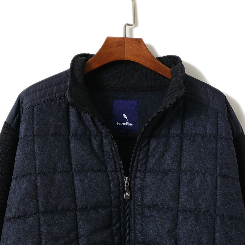 Black grid-quilted front 5GG knit hybrid zip jacket with double-layer stand collar from OEM knitwear supplier