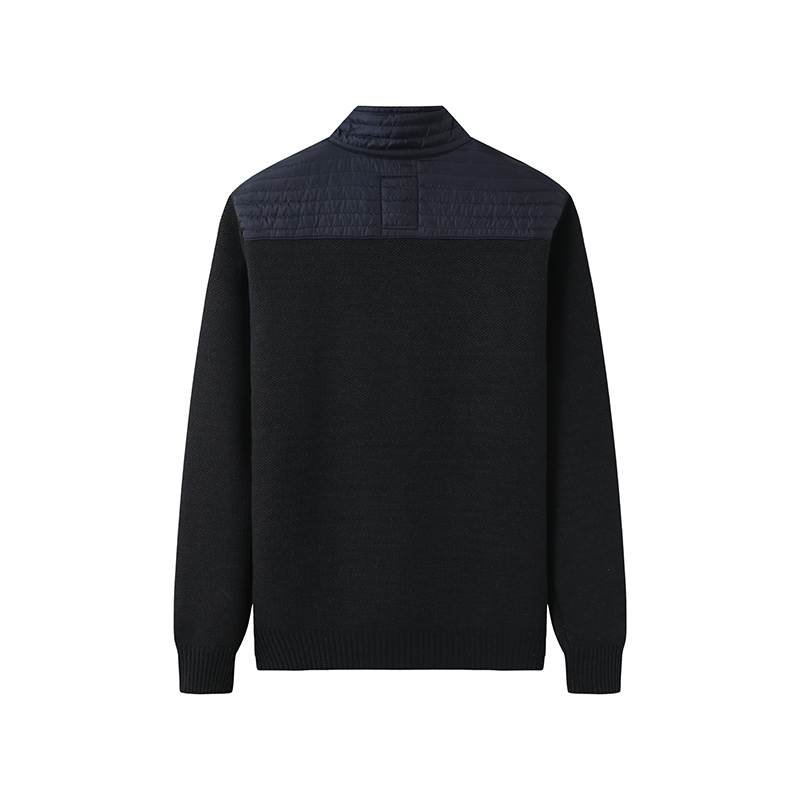 Black grid-quilted front 5GG knit hybrid zip jacket with double-layer stand collar from OEM knitwear supplier