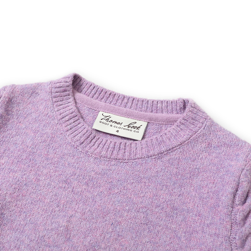 Close-up detail of 5GG girls custom knit sweater showing jacquard pattern and rib trim – private label knitwear factory