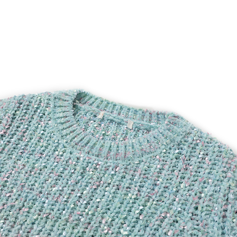 Close-up detail shot of the crew neckline and ribbed shoulder seam on a light grey knit pullover sweater. Model/SKU: 042A6031.