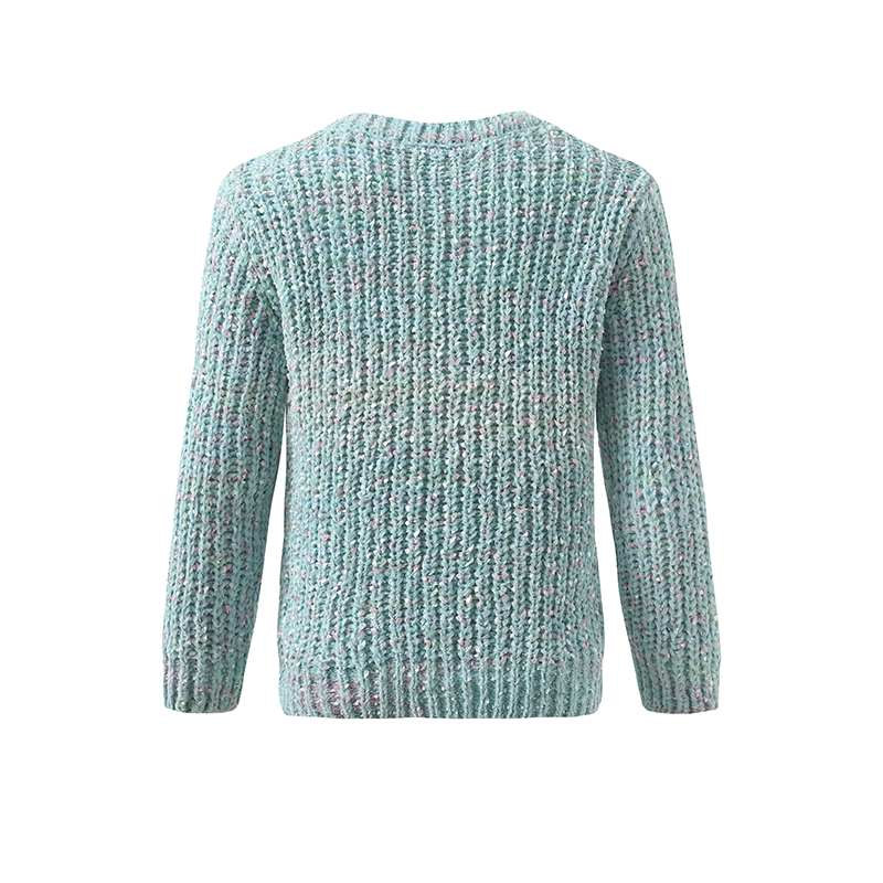 Back view of a light grey ribbed knit pullover sweater, showing the texture, ribbed bottom hem, and sleeve cuffs. Model/SKU: 042A6027.