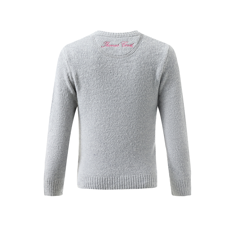 ustom private label girls wool blend stretch jacquard sweater front view with equestrian horse head pattern in slate blue cream and navy