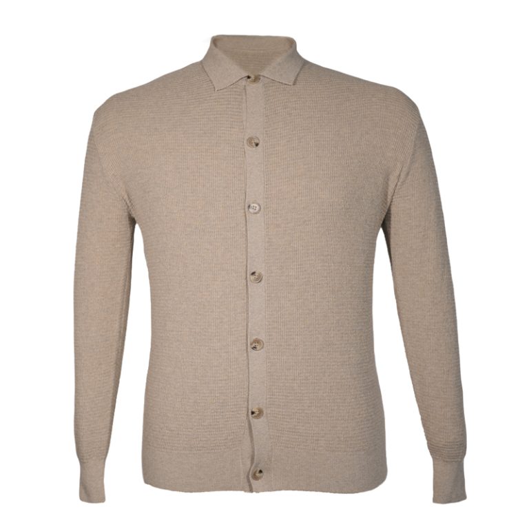 Men's 12GG Cotton Wool Button Cardigan with Polo Collar