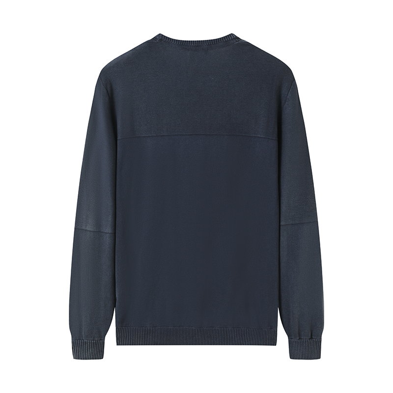 Men's stone-washed crewneck sweater back view by China knitwear supplier