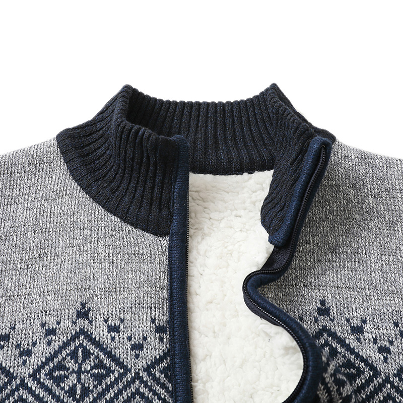 Nordic zip-up cardigan OEM ODM service featuring stand collar and jacquard design, professional custom men's knitwear manufacturing.