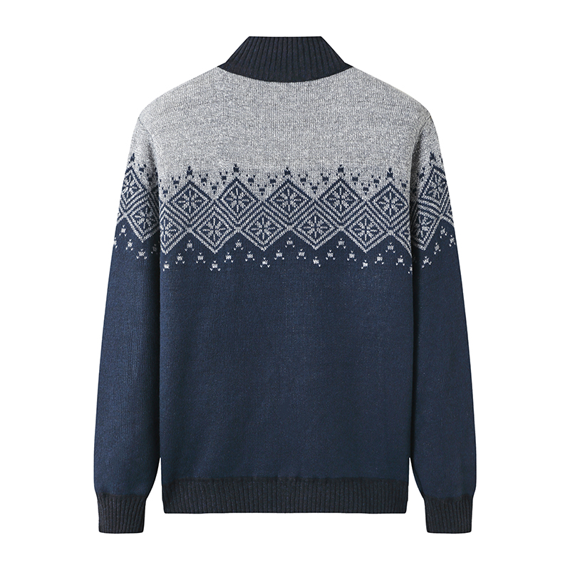 Wholesale men's Nordic jacquard knit pullover sweater with geometric pattern, custom polyester knitwear for apparel brands.