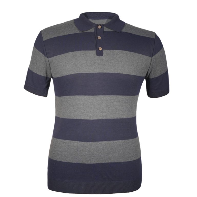 Bulk Navy and Heather Grey Striped Short-Sleeve Knit Polo Factory