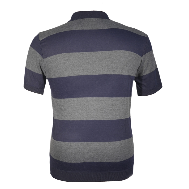 Back view of OEM men's 12GG striped knit polo shirt showing navy blue and grey horizontal stripes and ribbed hem