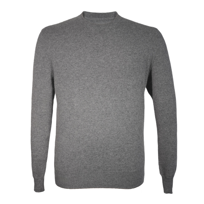 Bulk men's 12GG 100% cashmere crew neck sweater in grey with long sleeves and ribbed hem, front flat lay view
