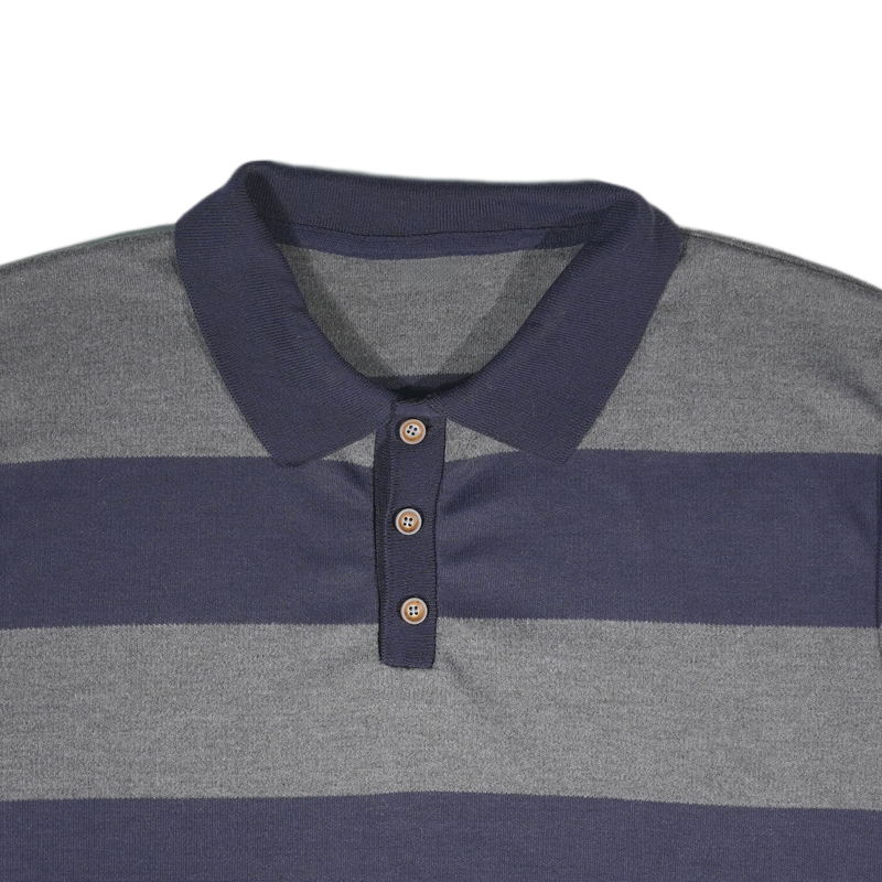 Close-up of OEM men's 12GG striped knit polo shirt collar and button placket in navy blue and grey for private label manufacturing